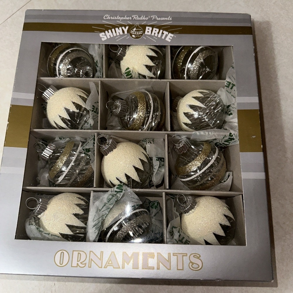 NIB Christopher Radko Shiny Brite 12 pc Mint/Blue/Gold/White Vtg Style Ornaments